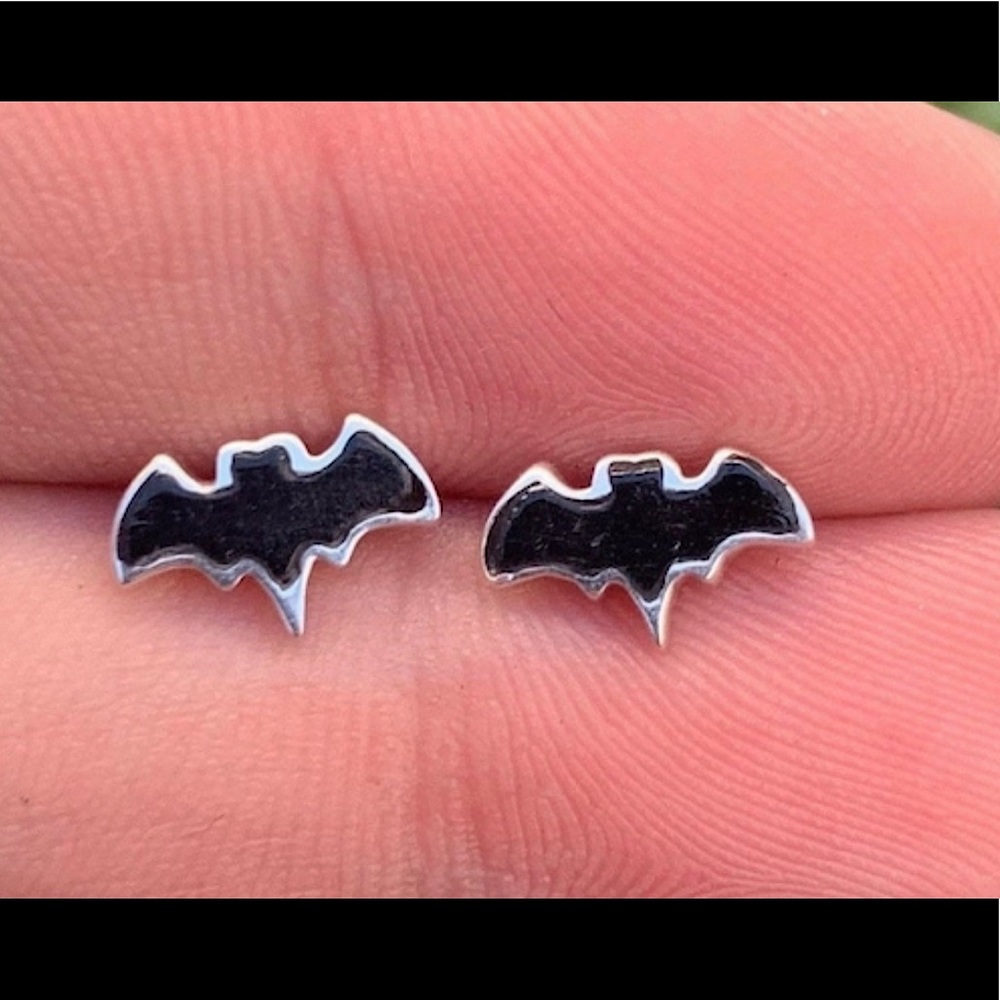 Black Tourmaline Bat Shape Sterling Silver Earring, Inlay Stud Earrings